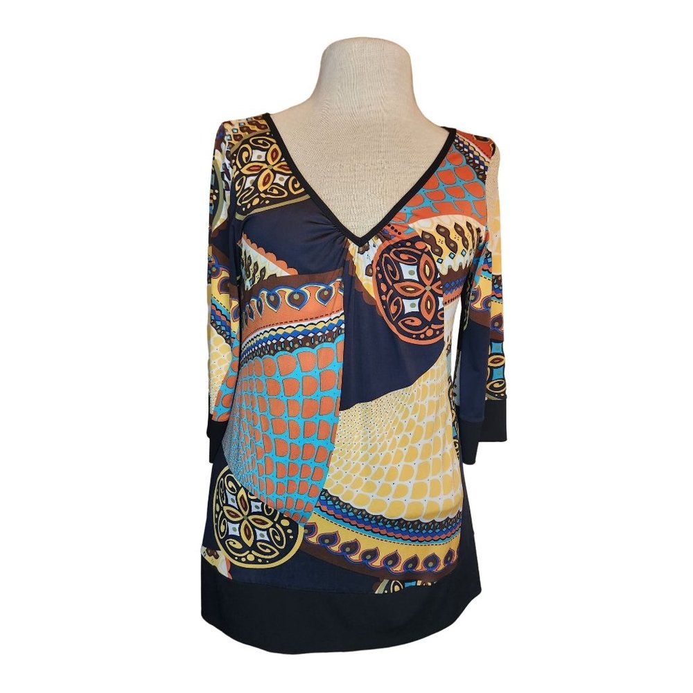 Papillon Blanc Geometric 3/4 Sleeve Silky Shirt Top Black Multicolor Ladies Larg